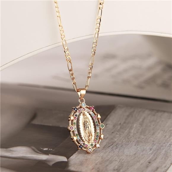 14K Gold Plated Virgin Mary Prayer Necklace Our Lady of Amulet Pendant 17 Inch - Picture 1 of 6